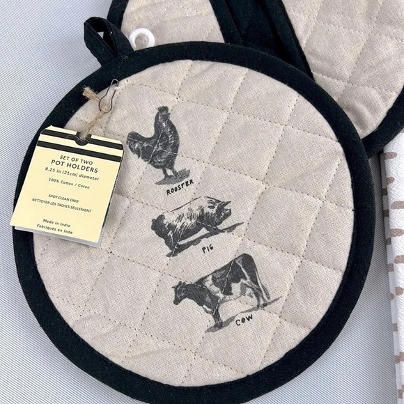 NWT Farmhouse Set Of Two Kitchen Towel & Set Of Two Pot Holders 100% Cotton - Picture 5 of 8